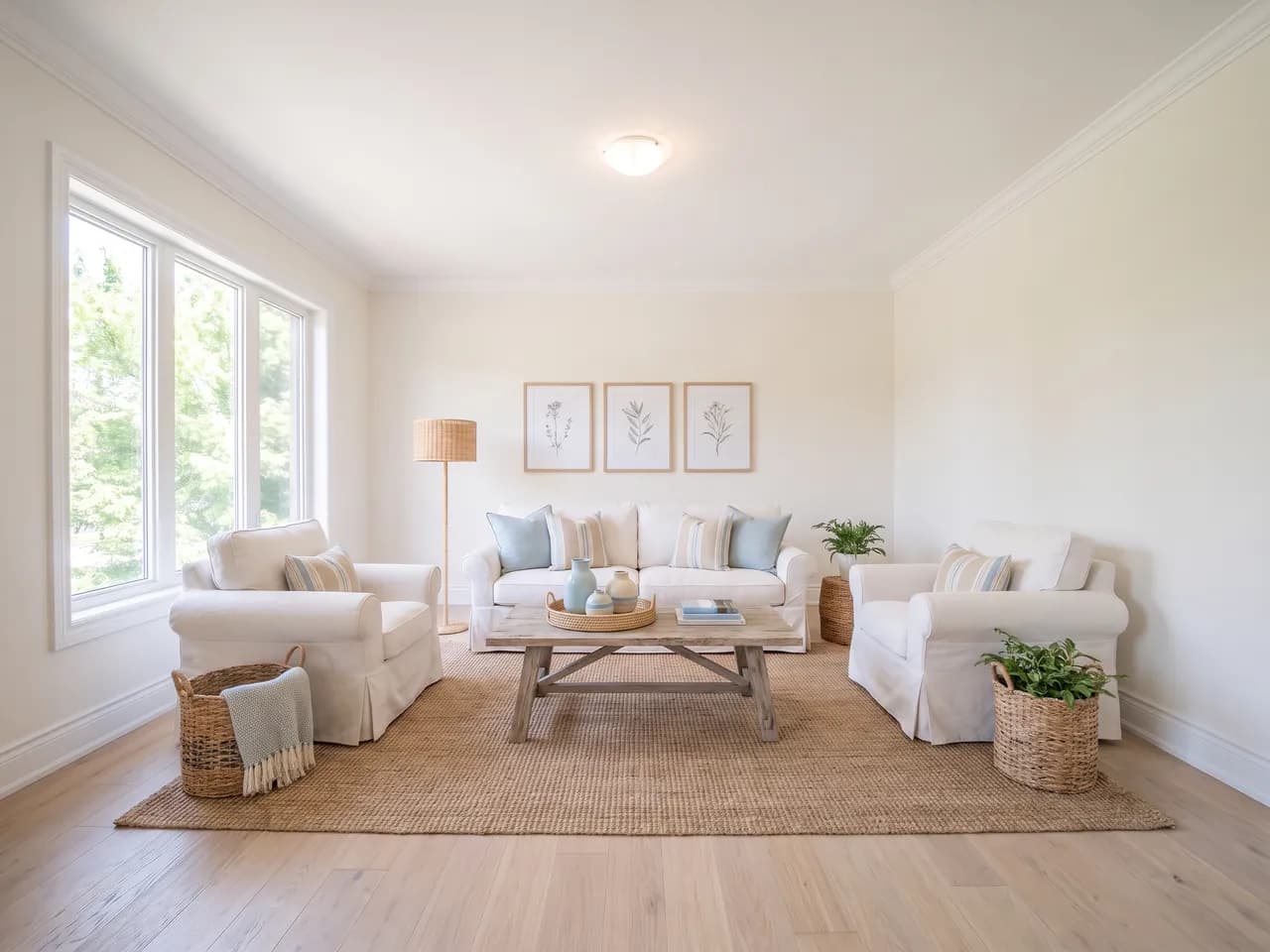 The same living room staged with white linen seating, rattan pieces and a jute rug