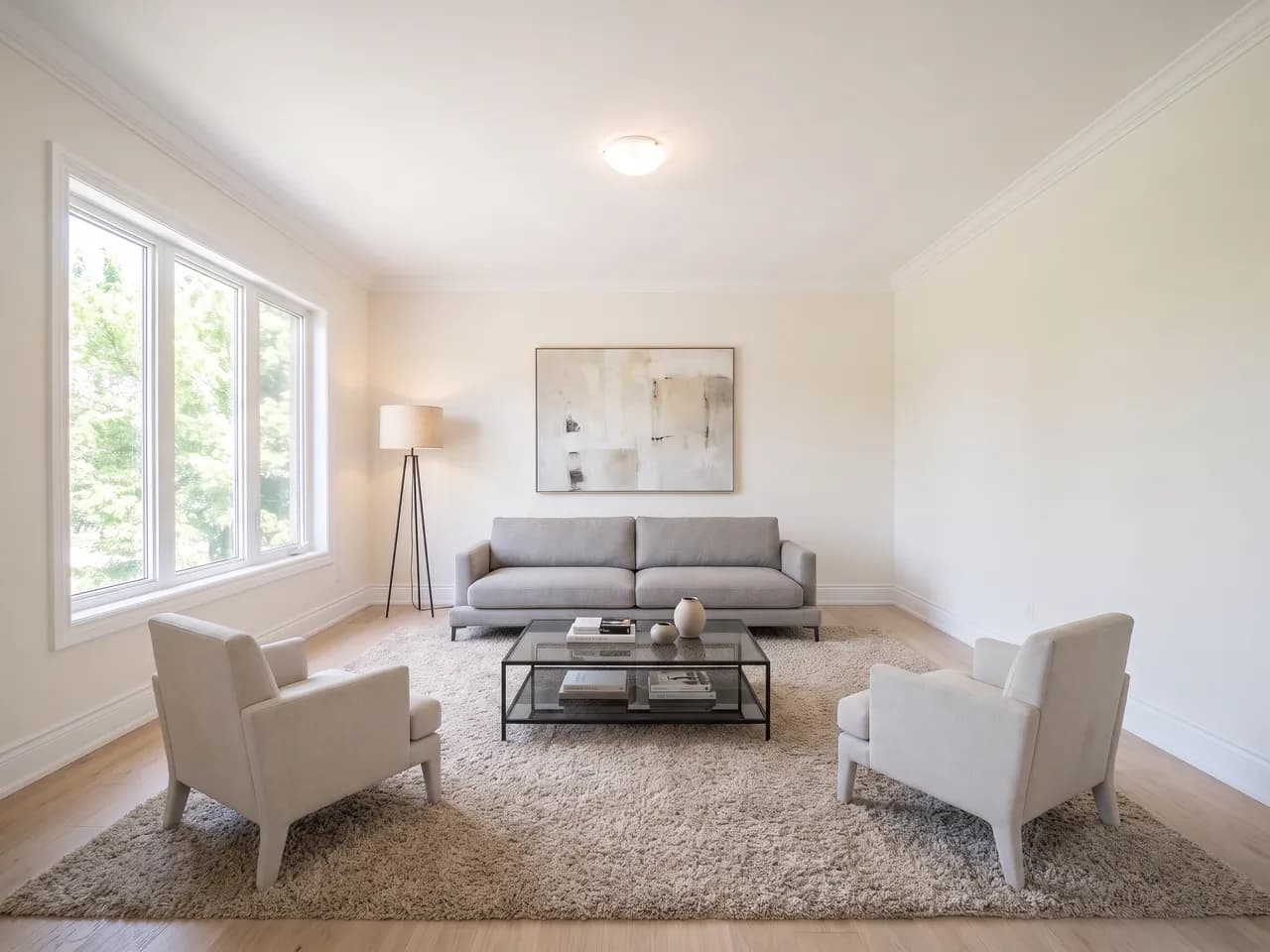 The same living room staged with a stone grey sofa, a black coffee table and a large abstract canvas
