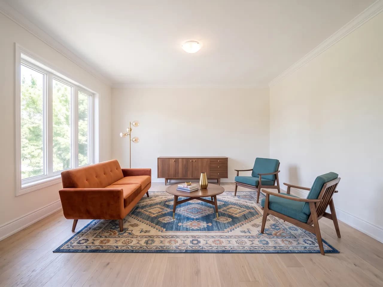 The same living room staged with walnut furniture, a burnt-orange sofa and a geometric rug