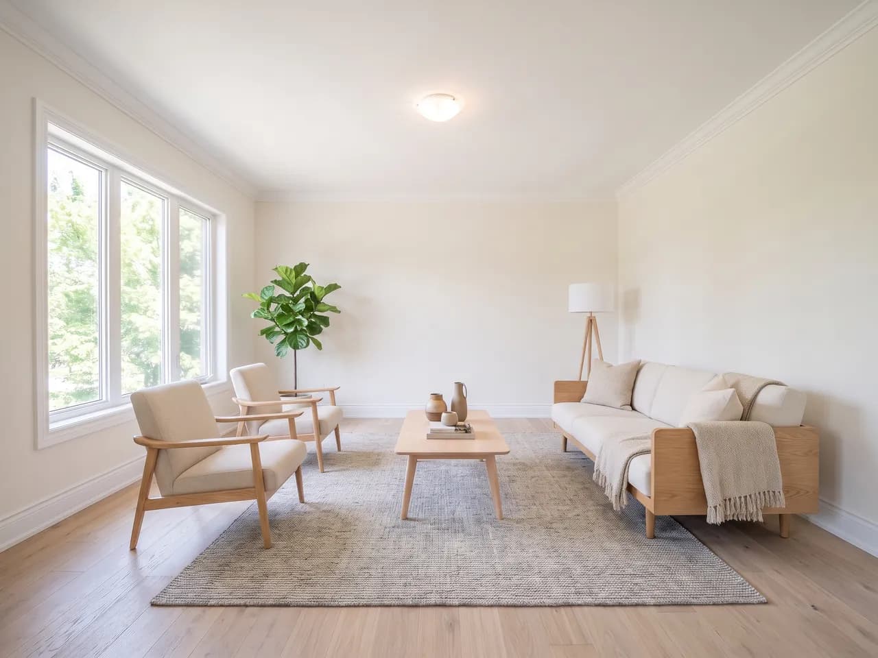 The same living room staged with pale oak furniture and a grey rug, the window and floor unchanged